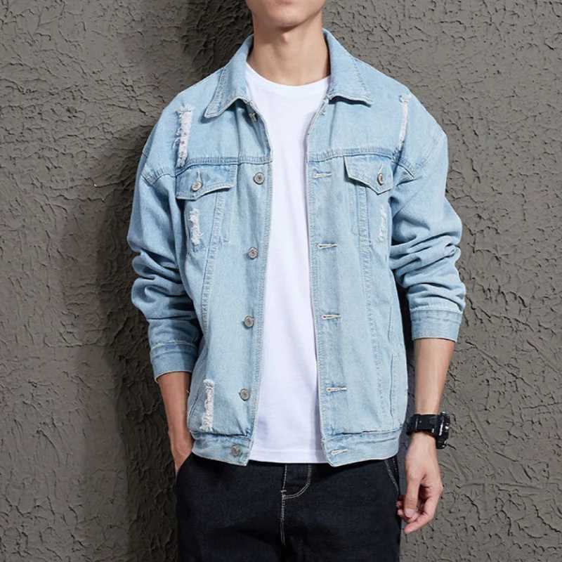 Spring and Autumn New Mens Casual Loose Work Coat Trendy Hole Denim Jacket X250213