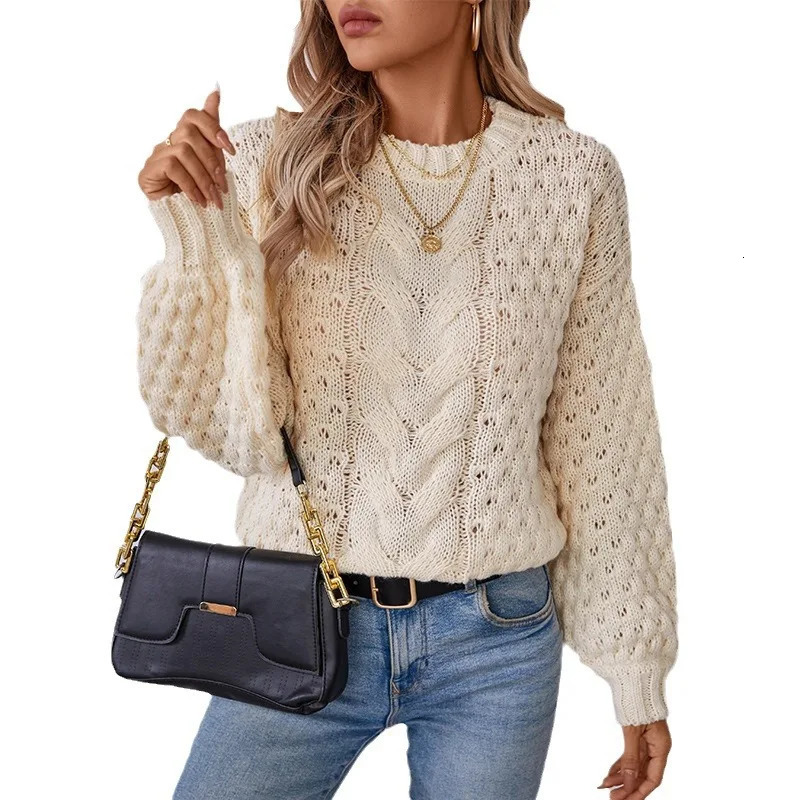 Autumn Winter Womens Knitted Top Womens Hollow Pulled Sweater Womens Retro O-neck Knitted Womens Clothing 250210