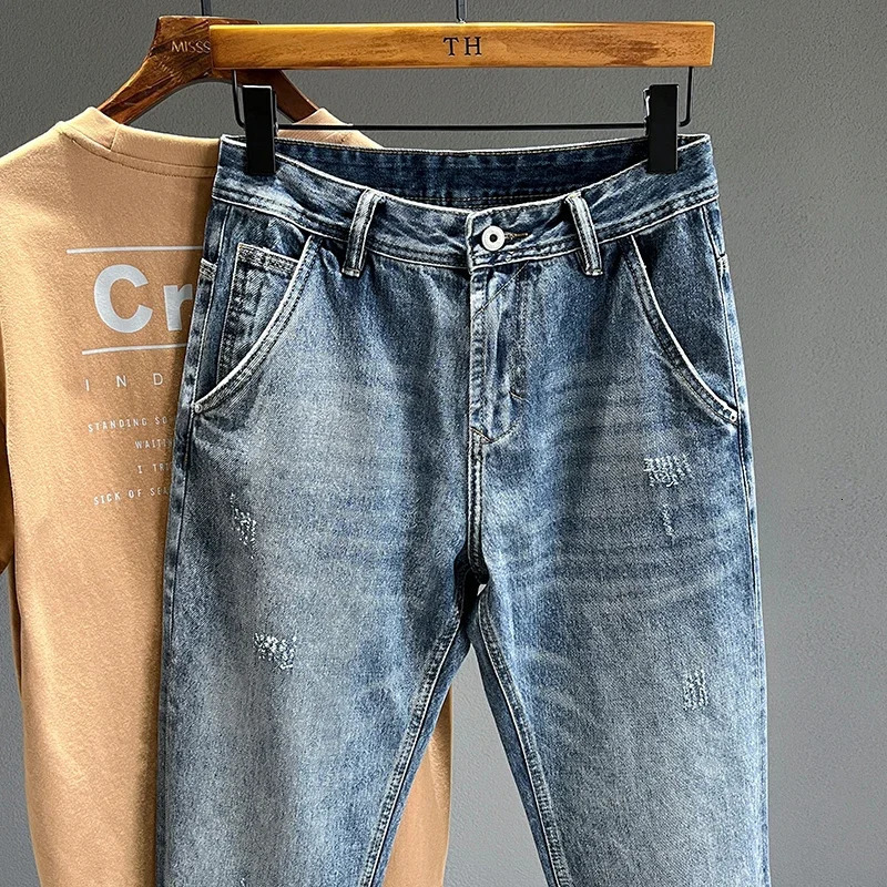 Frayed Jeans Men Baggy Personality Tapered Casual Pants Streetwear Hip Hop Vintage Blue Denim Trousers Male Trendy w250210