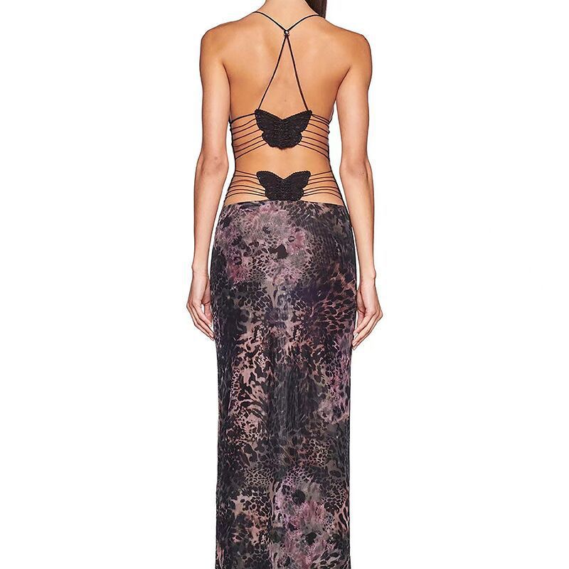 Casual Dresses Sexy Club Wear Backless Butterfly Maxi Dress Bodycon Summer Sexy Party Print Halter Dresses For Women 2024