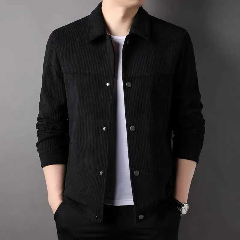 Autumn New Neck Corduroy Jacket Mens Solid Button Pocket Korean Youth Fashion Business Casual Work Coat Long SLeeved Top X250213