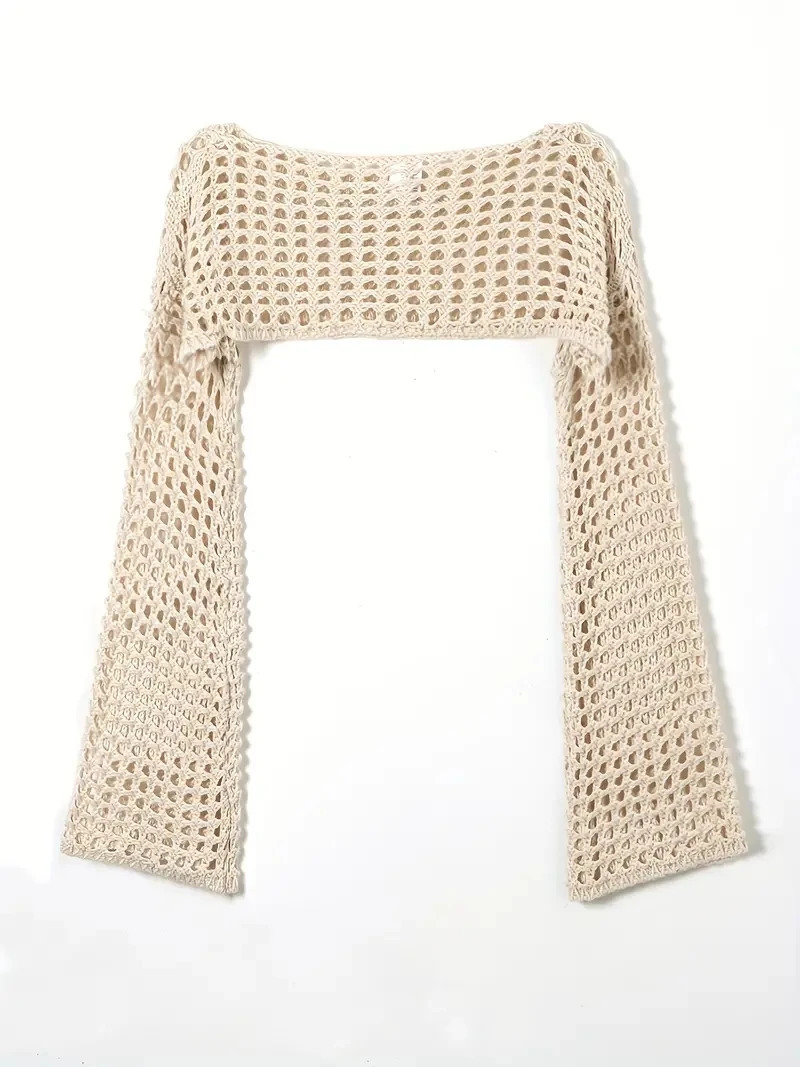 Womens Crochet Knit Hollow Out Crop Top Long Sleeve Shrug Sweater Mesh Cover Ups Cardigan Streetwear Pullover Women Clothes Y2k 250210