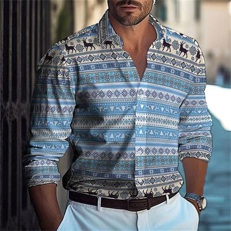 mens Lapel Button Up Shirt Summer Casual Beach Long Sleeve Shirt Comfortable Checkere Color Block mens Clothing Top 250211