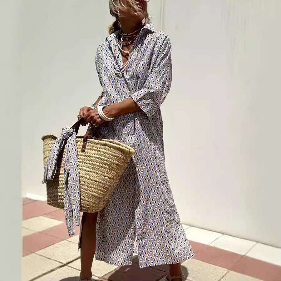 European and American women's five quarter sleeve striped cardigan, lapel shirt dress 8061, 2025 new casual versatile fashion clothing