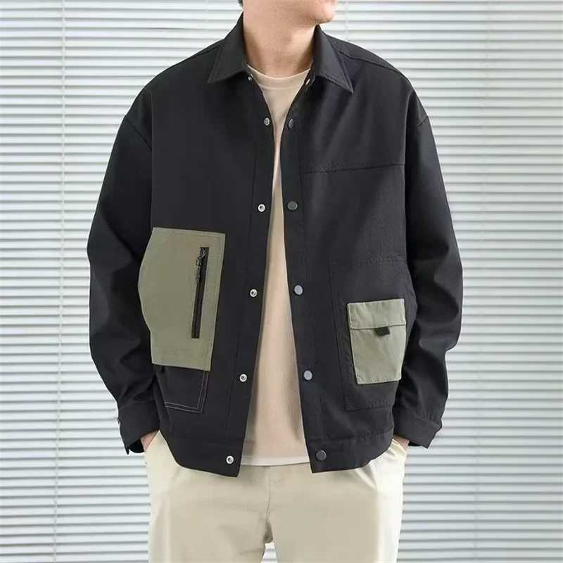 Mens Colorblock Pockets Button Bomber Jackets Autumn American Retro Baseball Uniform Black Loose Tops Male Lapel Frock Coat X250213