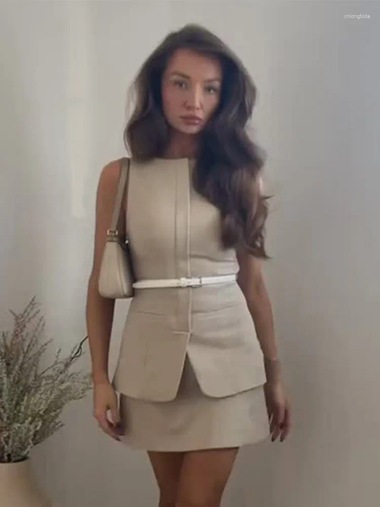 Casual Dresses Mini Skirt 2 Piece Sets Women Solid Slim O Neck Sleeveless Waistcoat With Belt A Line Summer Office Commute Outfit