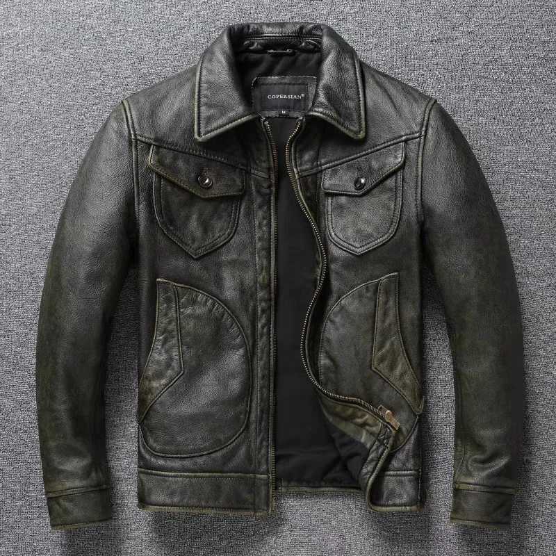 American leather jacket mens motorcycle jacket retro Distressed graphite olive green ultra-thin lapel jacket new style X250213