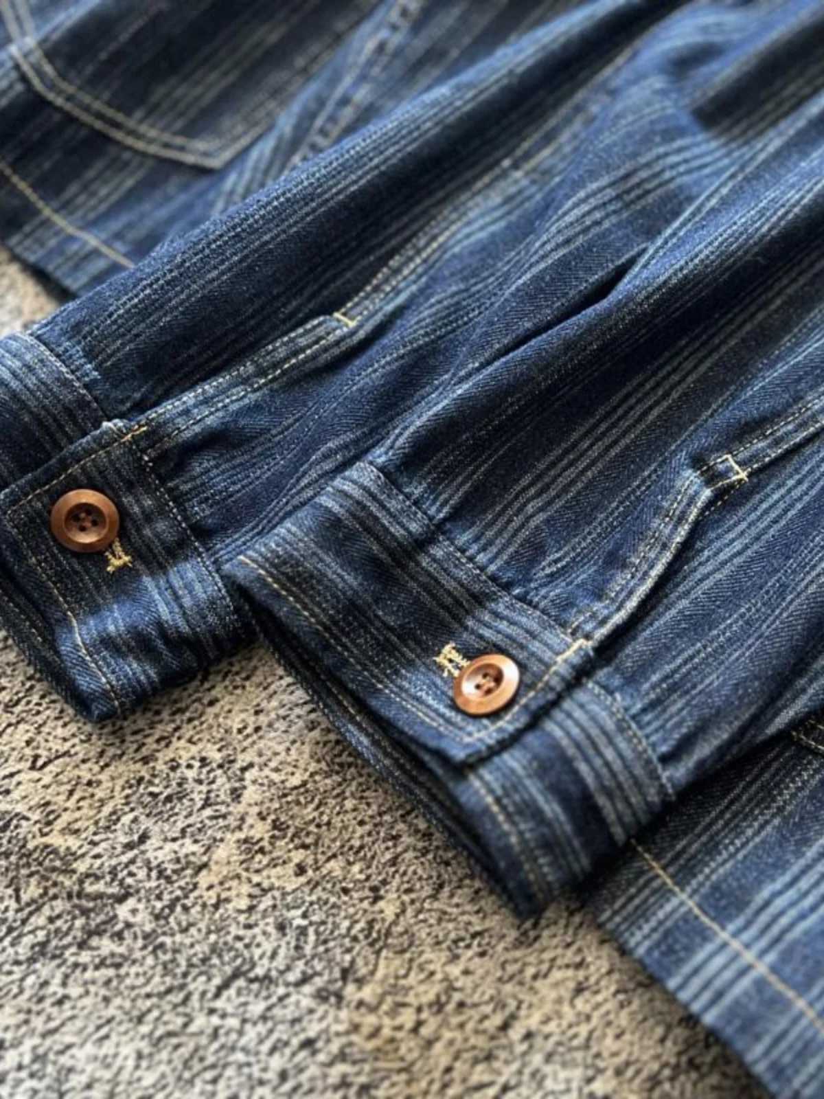 Japan Retro Collarless Layered Deep Blue Vertical Striped Cotton Casual Spring Autumn Mens Denim Jacket Shirts Outerwear Trendy X250213