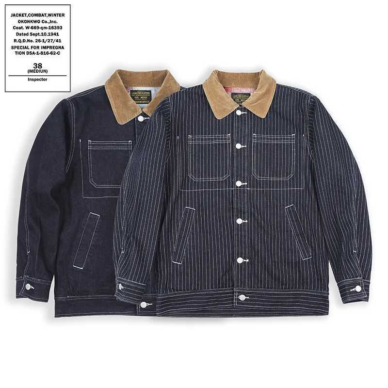 American retro mens color denim jacket winter thick plaid interior Corduroy collar multi pocket striped workwear jacket X250213