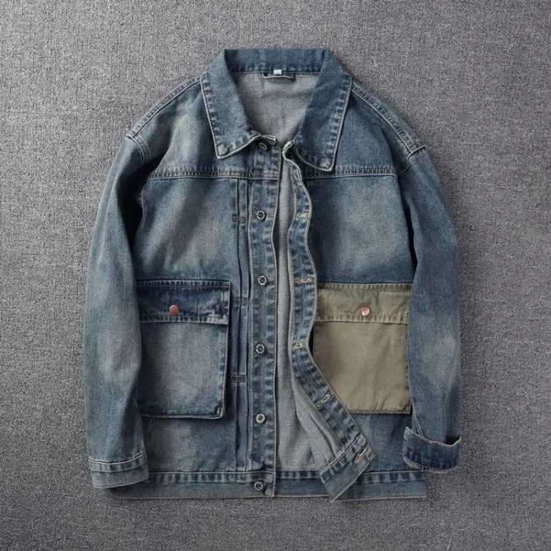 American Retro Old Denim Jacket Mens Spring Short Silm Tooling Casual Washed Jacket Patchwork Cargo Straight Jeans Coats Blue X250213