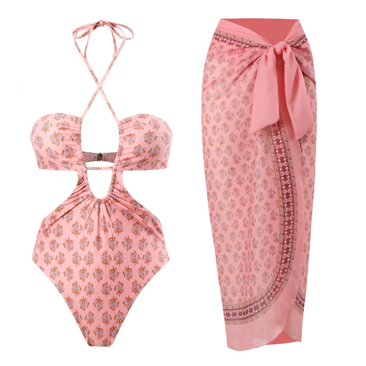 2023 High Leg One Piece Swimwear Women Print Swimsuit Cut Out Bathing Suit Cross Beach Wear Bodysuit Monokini Summer