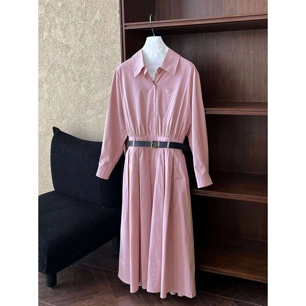 Women Spring Slimming Long Dress With A Cinched Waist Blue Polo Collar Shirt