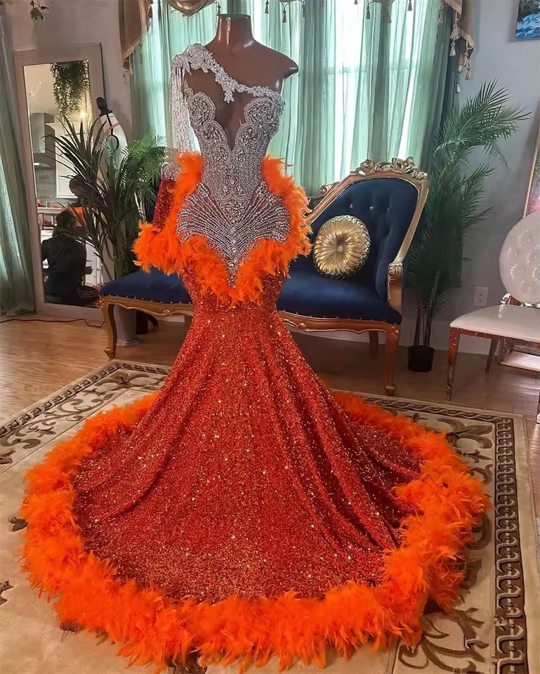 Orange Sequins Mermaid Prom Dresses 2025 One Shoulder Beading Crystal Elegant Senior Birthday Party Evening Gowns Customized