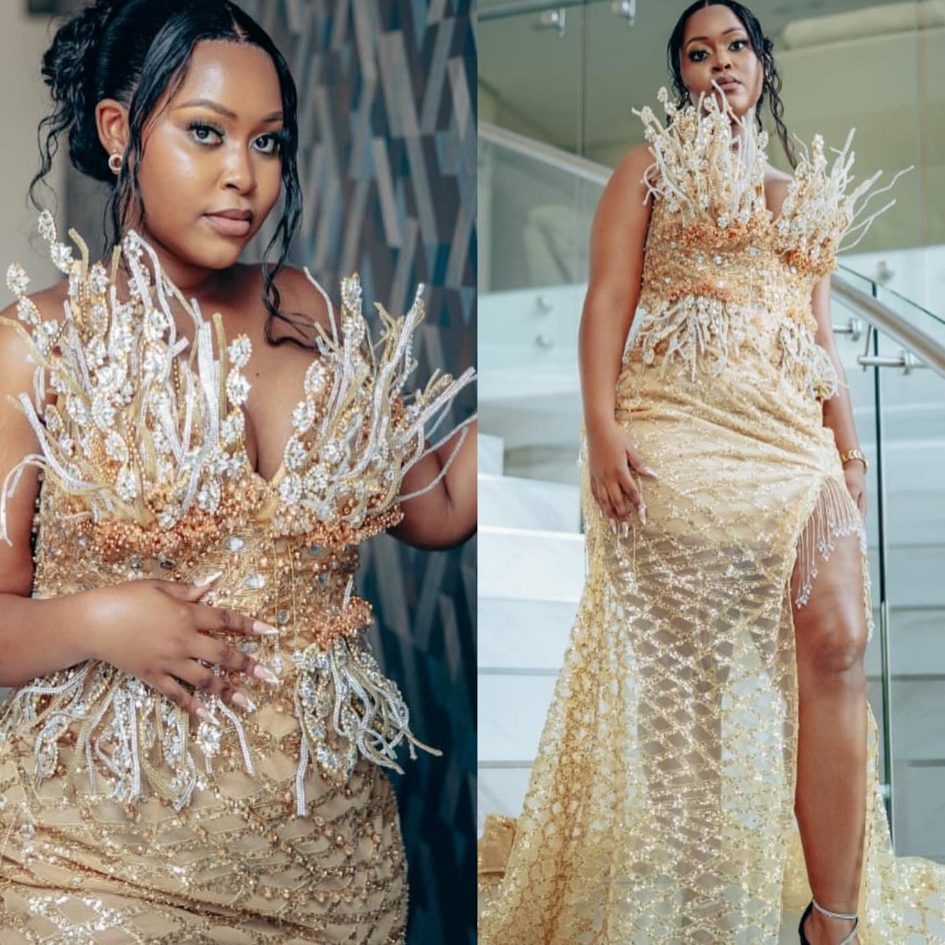 Aso Ebi 2025 Gold Illusion Mermaid Prom Dresses Crystals Beaded Sequined Tessals Evening Formal Party Second Reception Birthday Gowns Dress For Specia