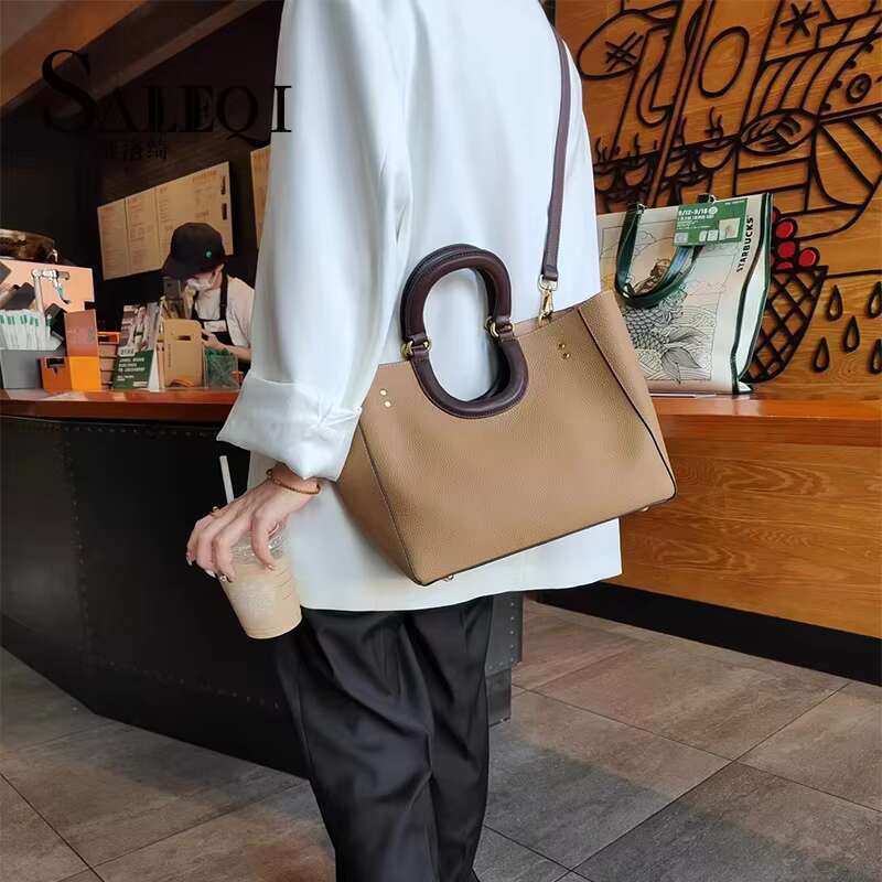 New Genuine Leather Women's Retro Casual Contrast Tote Commuting Large Capacity One Shoulder Handbag Crossbody Bag