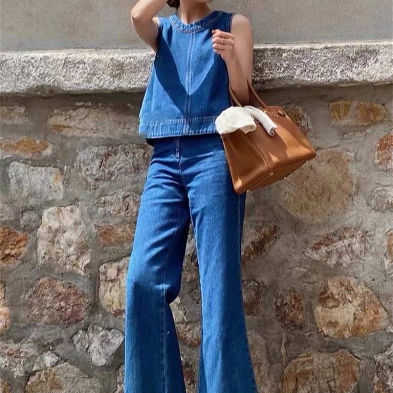 Blue denim vest suit sleeveless top jeans casual womens pants two-piecet 250122