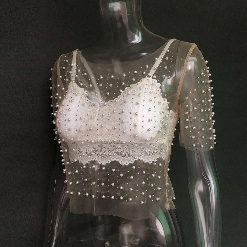 20 Spring/Summer Hot Style Sexy Perspective Lace Shirt with Bright Dia Beads, Inner and Outer Wear Mesh Short Sleeve Top, Women's 2025 Versatile 