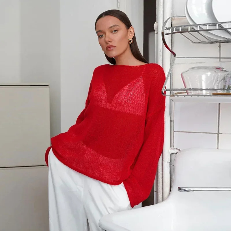 Elegant Knitted Hollow Out Pullovers Women Loose O-neck Long Sleeve See Through Jumper Summer Y2k Chic Lady Beach Sweater 250210