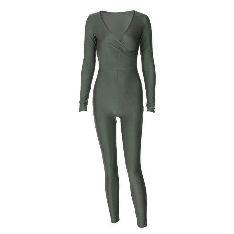 European and American summer street photography solid color slim fit sports yoga long sleeved jumpsuit women's wholesale 2025 new casual fashion 