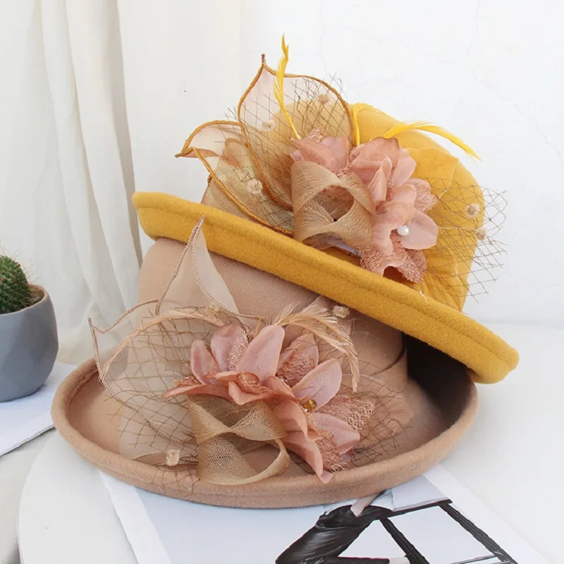 Women Warm Wool Felt Flowers Hat Ladies Wide Brim Autumn Winter Elegant Girls Fashion Party Cap Decoration 250118