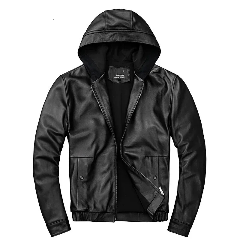 Mens Hooded Leather Jacket 100% Genuine Sheepskin Motorcycle Black Coat Male Hoodies Clothes Spring Hat Leather Jacket Men 250213