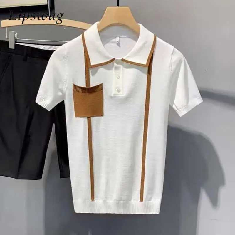 Fashionable pocket splicing knitted mens polo shirt 2024 summer casual breathable knitted top retro mens polo shirt X250213