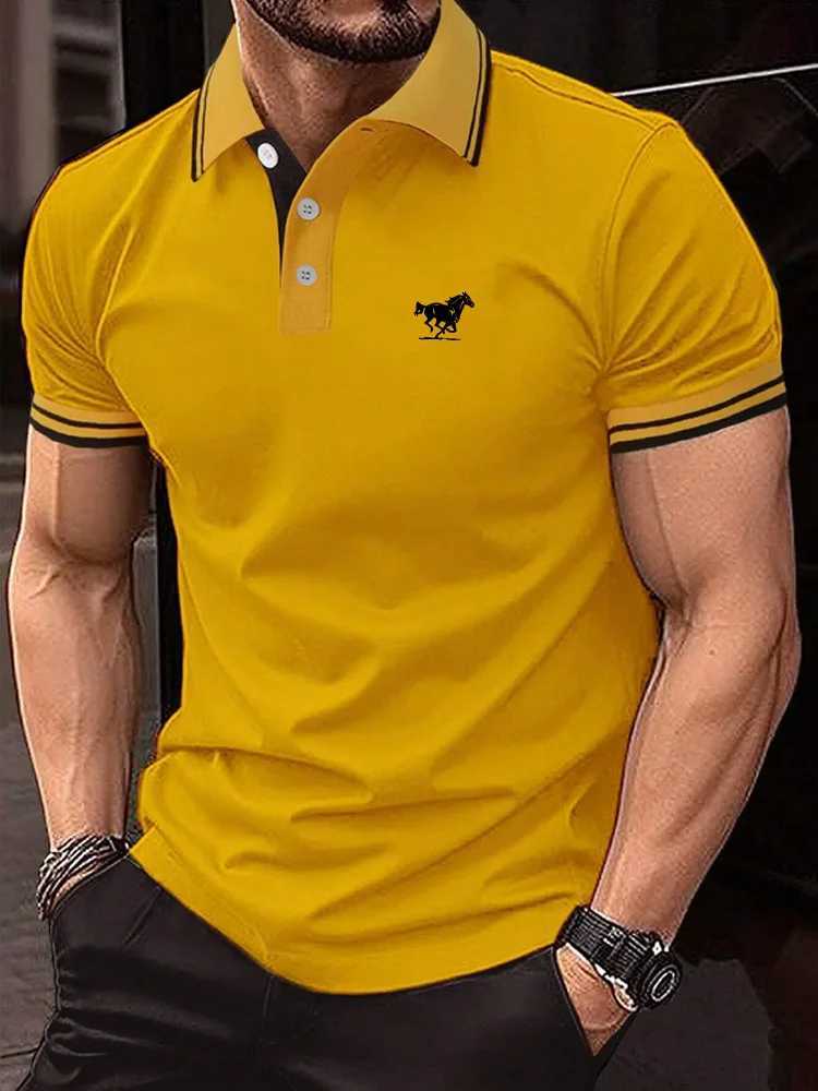Mens Horse Print Striped Trim Polo Shirt Business Short Sleeve Shirt EUROPEAN Measurement X250213