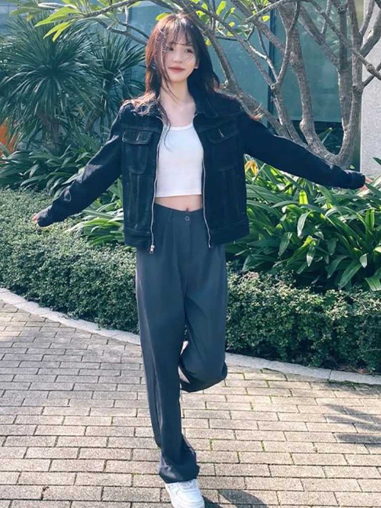 Black denim jacket American style retro spring autumn crop zipper all-round college casual youth street clothing Chaqueta X250213