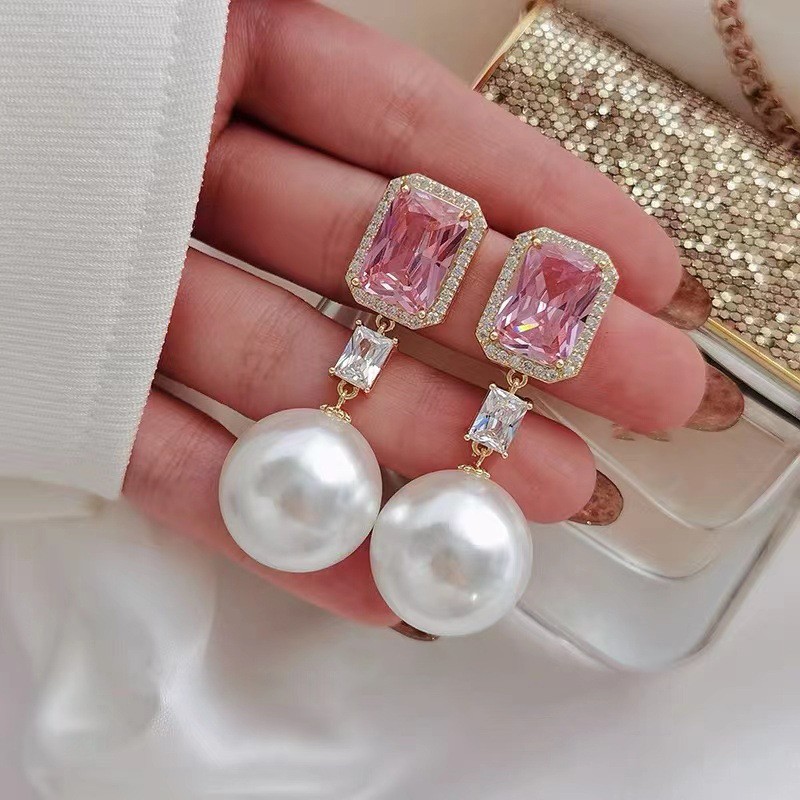 2025 Ins Top Sell Dangle Earrings Luxury Jewelry 925 Sterling Silver Princess Cut Pink Zircon Large Pearl Party Lady Women Wedding Drop Earring Gift