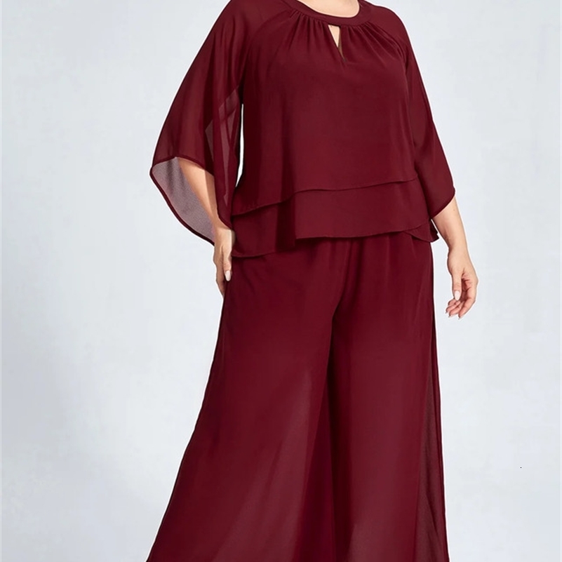 Womens Plus Size Formal Burgundy Chiffon Ruffle Sleeve Cut Out Wide Leg Two Piece Pant Suit Casual Office Lady Matching Sets y250122