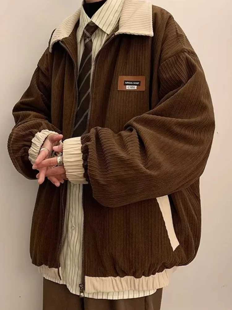 Mens Jackets Contrast Color Vintage Hong Kong Style Loose Leisure All-match Cozy Lapel Teens Streetwear Youthful Warm Classic X250213