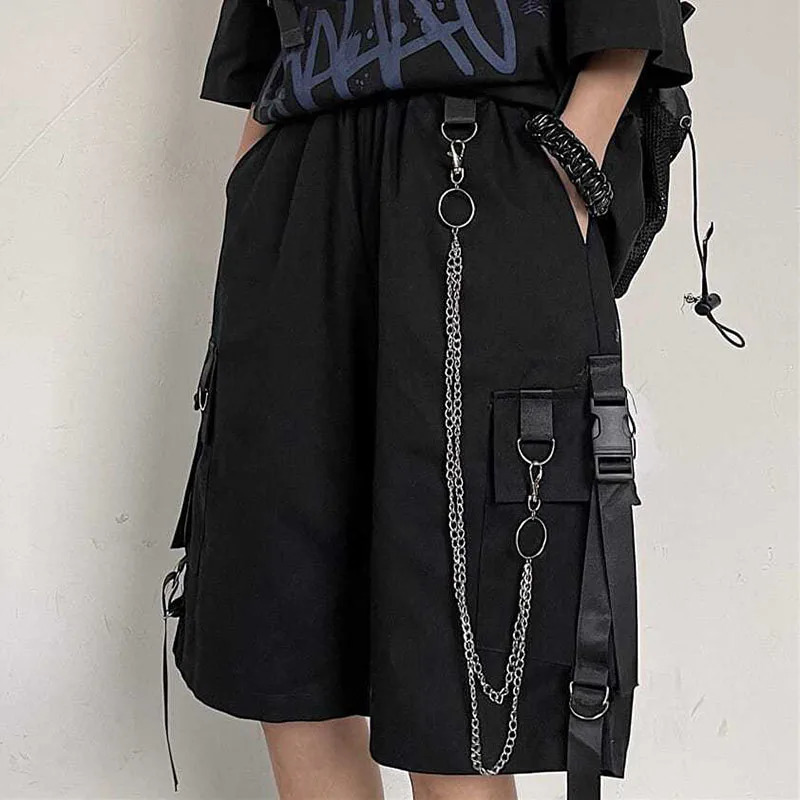 Casual Loose Cargo Shorts Women Harajuku Hip Hop Punk Large Pocket Wide Leg Shorts Fashion Chain High Waist Joggers Short Pants 250210