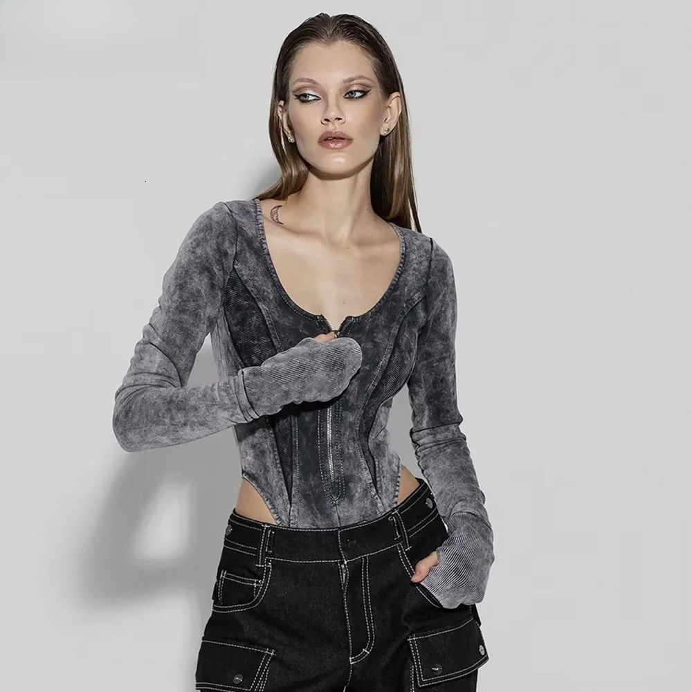 Zekye Distressed Retro Grey Patchwork Zipper Bodysuit Women Outfit High Waist Qulited Streetwear Y2k Grung Cloth Long Sleeve