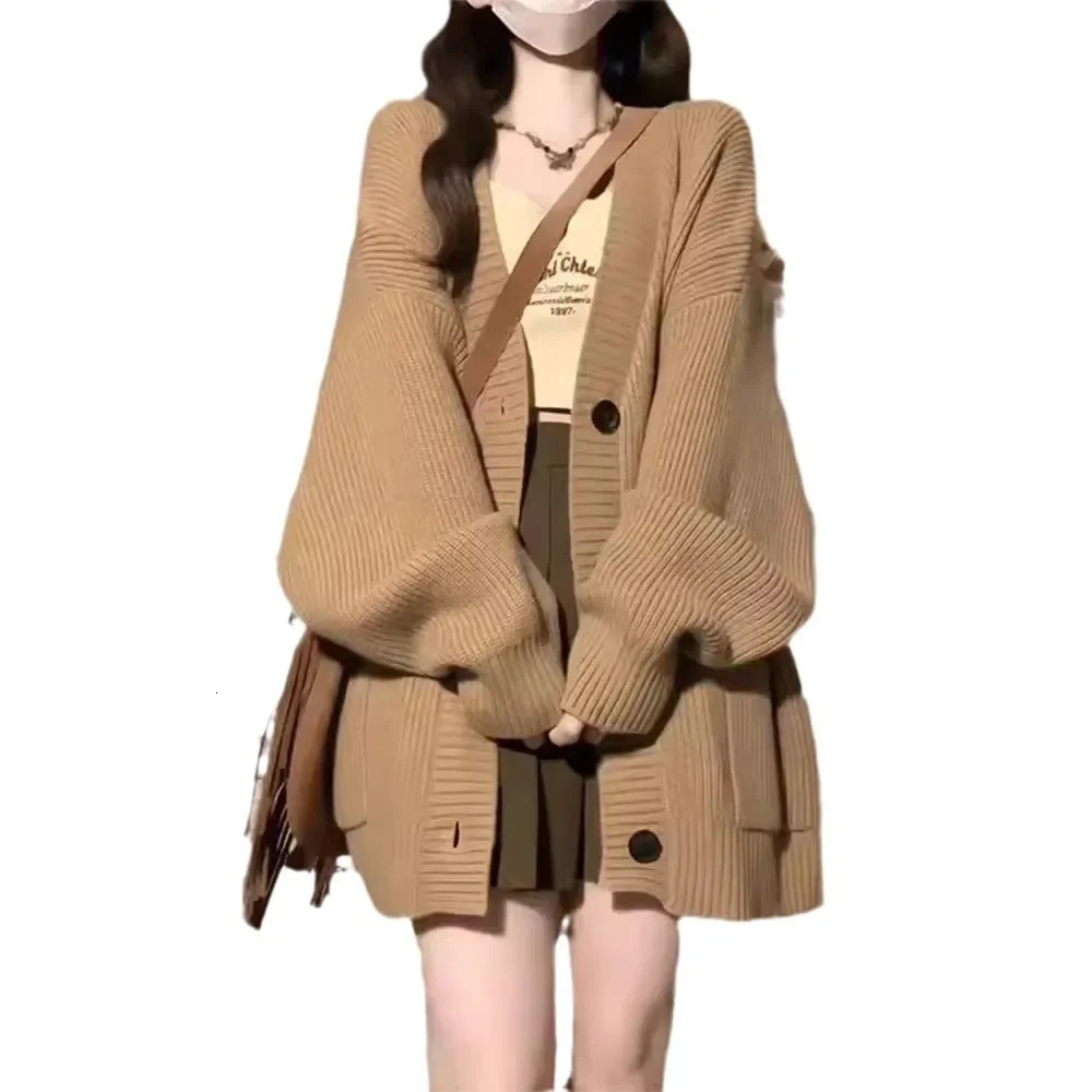 Womens V-Neck Knitted Cardigan Thickened Casual Sweater Long Sleeve Elegant Fit Loose Middle Age Jacket 250213