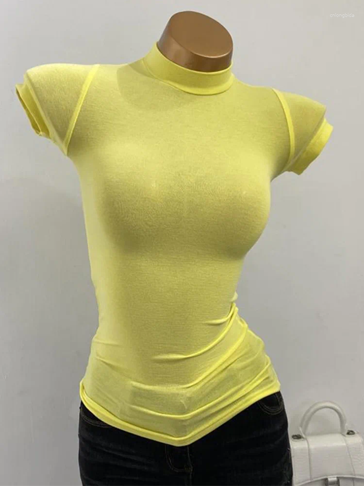 Womens T Shirts Half-high Collar T-shirt Korean Transparent Short-sleeved Slim-fit Elastic Solid Inner Bottoming Shirt Sexy Big Chest