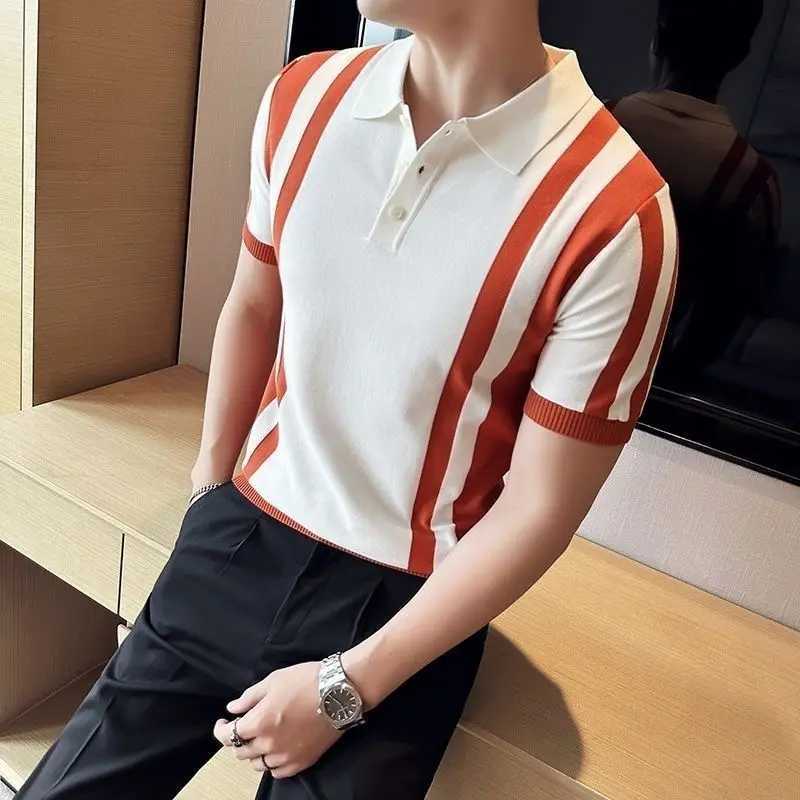 2024 New Summer Retro Casual Business Fashion Polo Necklace with Contrast Stripe Printed Short Sleeve Ice Silk Mens T-shirt X250213