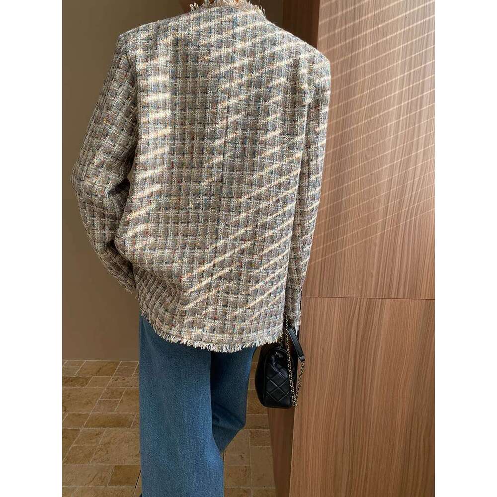 Red Button Long Tweed Jacket Spring Fall Tassel Trim Coat For Women
