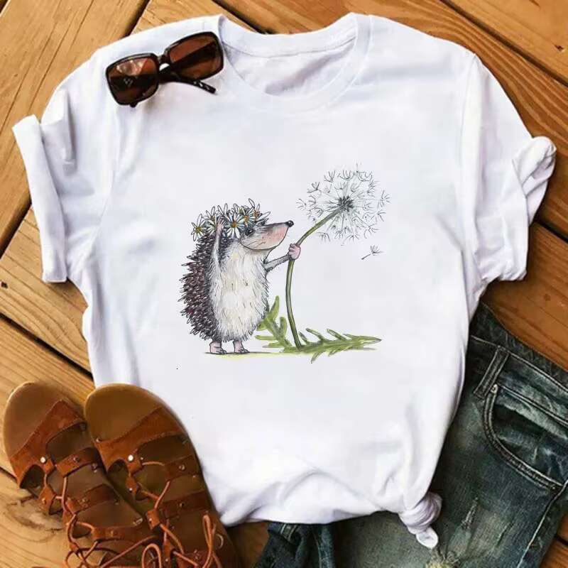 Plus Size Maycaur Cute T-shirt Female Hedgehog Dandelion Print Summer Casual Short Sleeves Tee Tops Kawaii Women Tshirt
