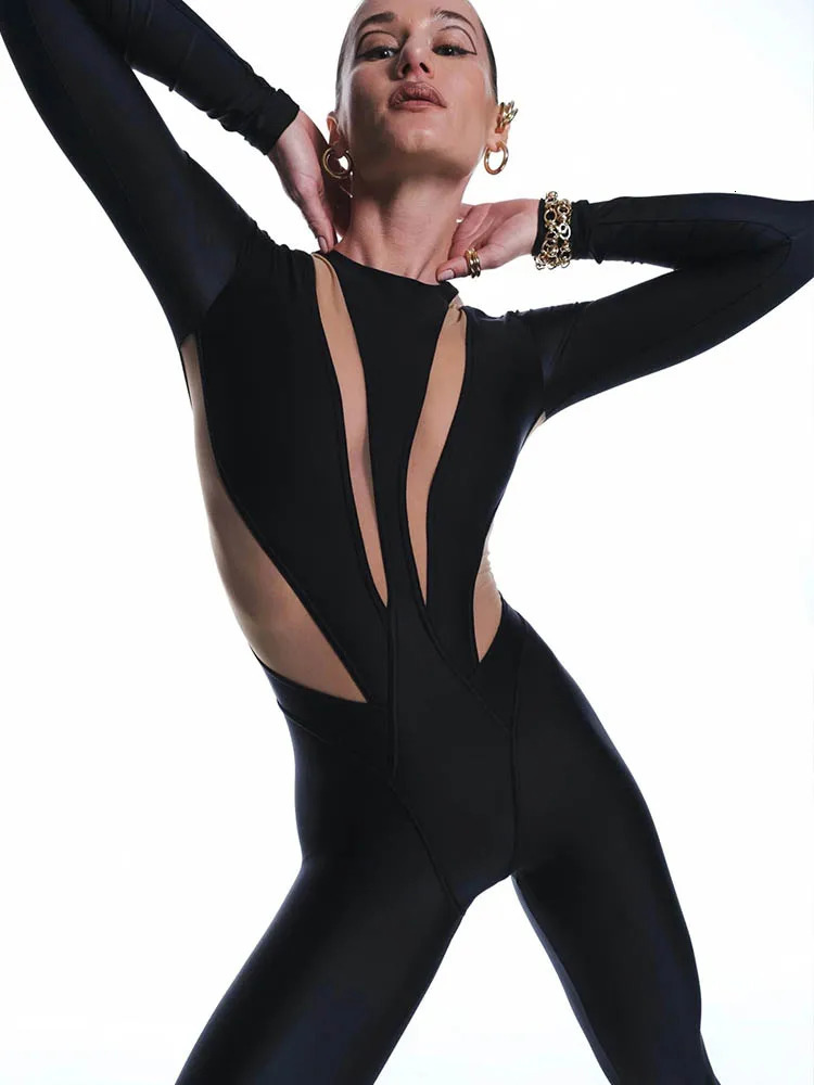 Huhugirl Sexy Mesh Patchwork Rompers Women Jumpsuits Fashion O Neck Long Sleeve Skinny Black Jumpsuits Female One Piece Overalls 250206