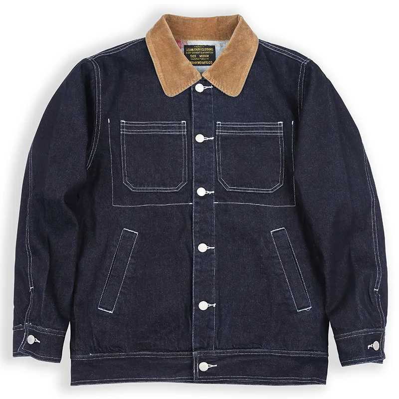 American retro mens color denim jacket winter thick plaid interior Corduroy collar multi pocket striped workwear jacket X250213