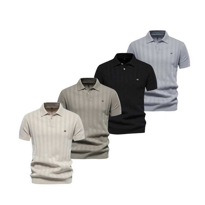 2025 Summer Knit Mens Polo Shirt Business Casual Striped Lapel Short Sleeve Henry Shirt T-shirt Comfortable Mens Clothing X250213