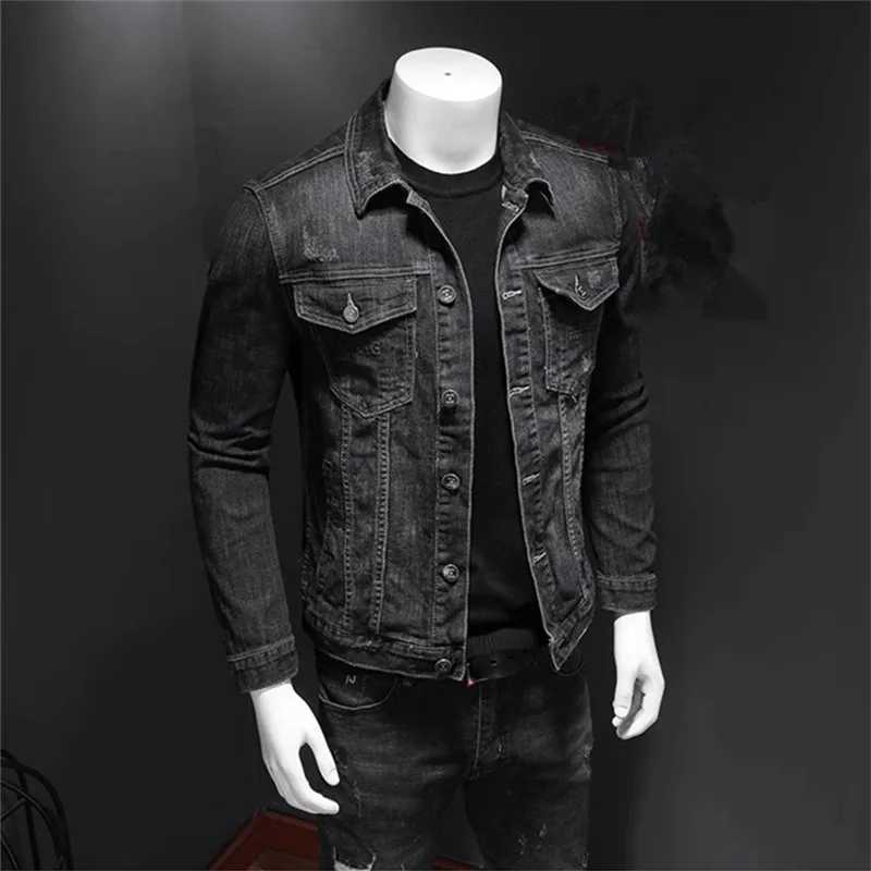 Mens Denim Jacket Moto Biker Outerwear Coats Men Jeans Jacket Black Casual Cotton Turn Down Collar Motorcycle Denim Coats Men X250213