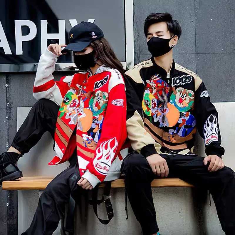 Cartoon Embroidery Bomber Jacket Harajuku Hip Hop Tide Baseball Uniform Autumn Winter Coat Warmth Mens Womens Motorcycle Suit X250213