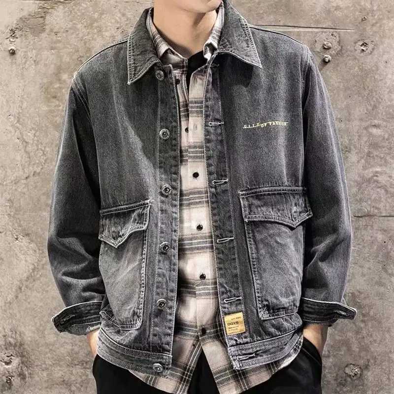 Mens Loose Jeans Jacket Fashion Streetwear Blue Dark Gray Denim Coat Outwear X250213