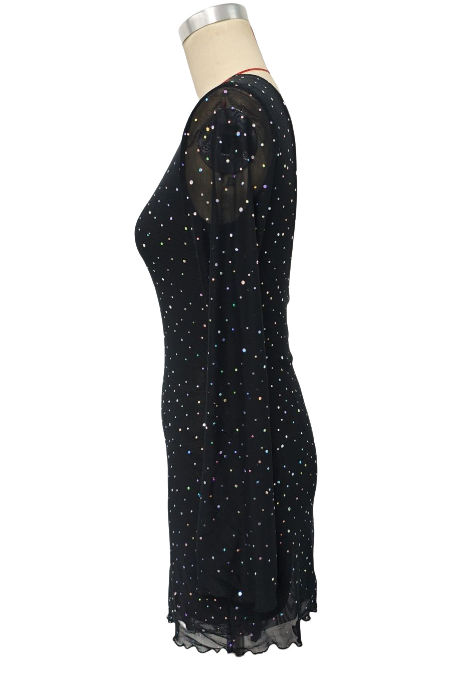 S1220 New elegant ladies black mesh sequins backless slim fit long sleeve dress