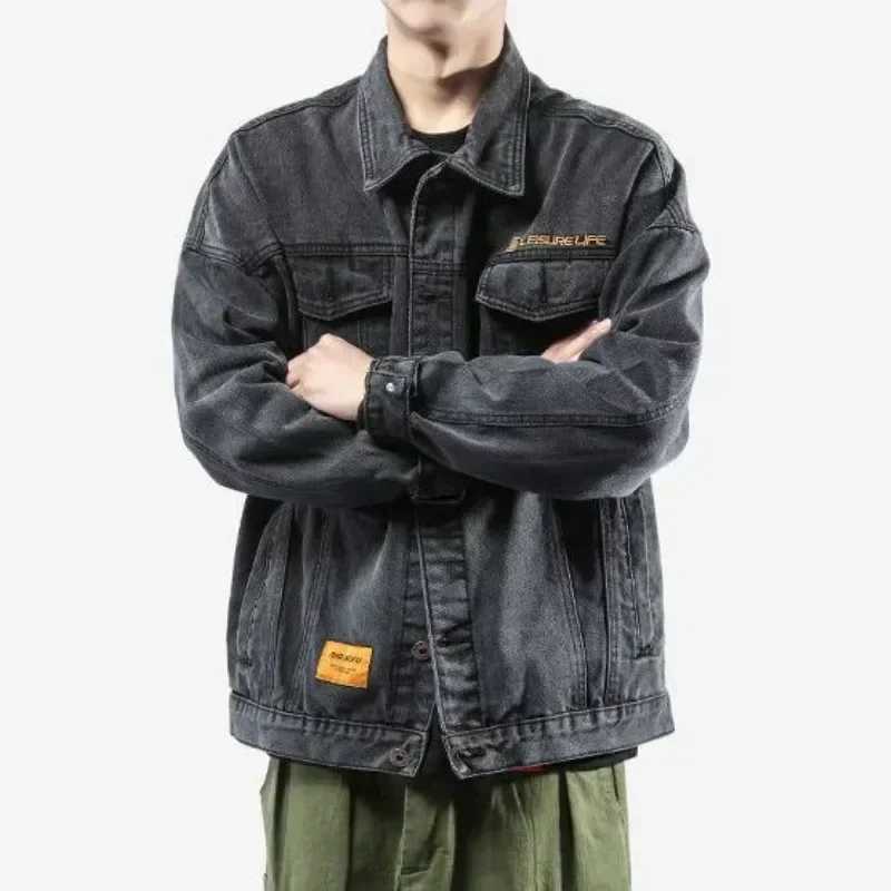 Blue With Embroidery Button Autumn Mens Denim Jacket Gray Male Jean Coats Low Price Elatic Loose Y2k Korea Cowboy X250213