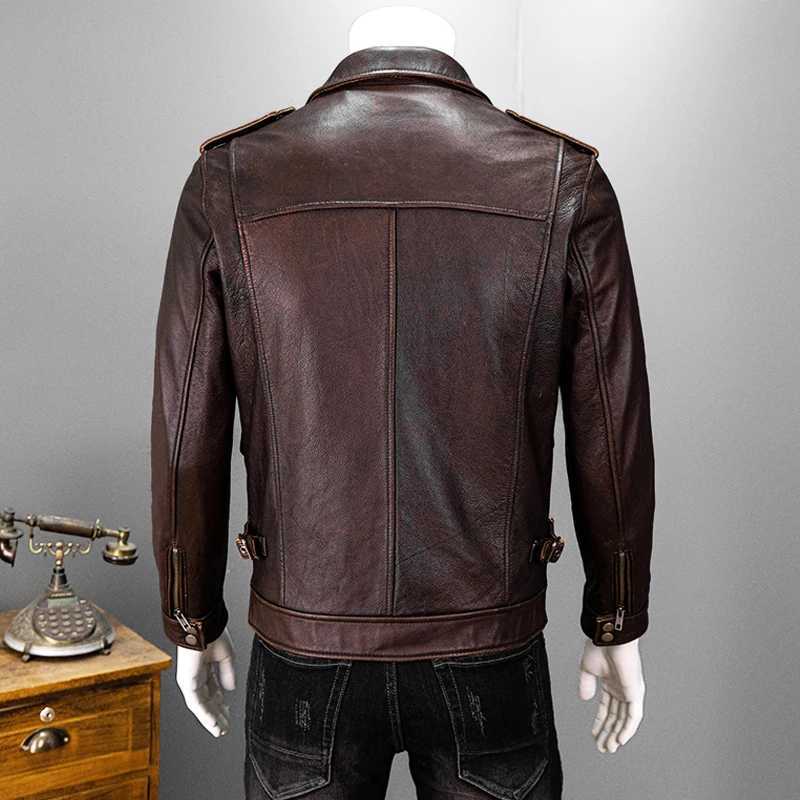 Retro reddish brown autumn leather jacket mens hunting style Plus size 6XL natural denim four pocket leather coat X250213