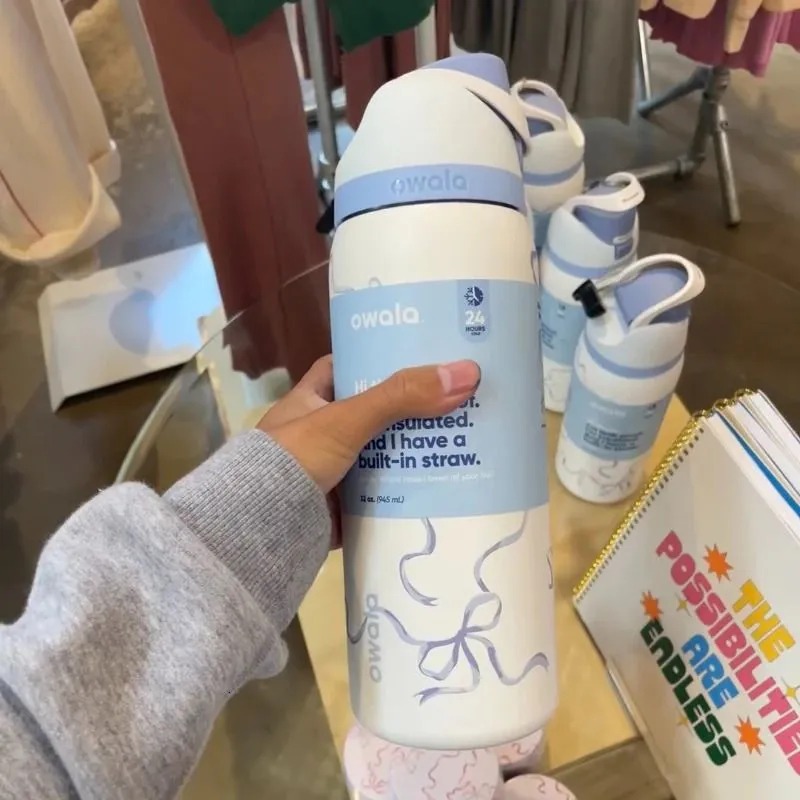 DHL New 24oz 32oz Owala with Tied and True Blue Pink Bows Insulated Portable Outdoor Sports Water Bottle Handheld Straw Cup