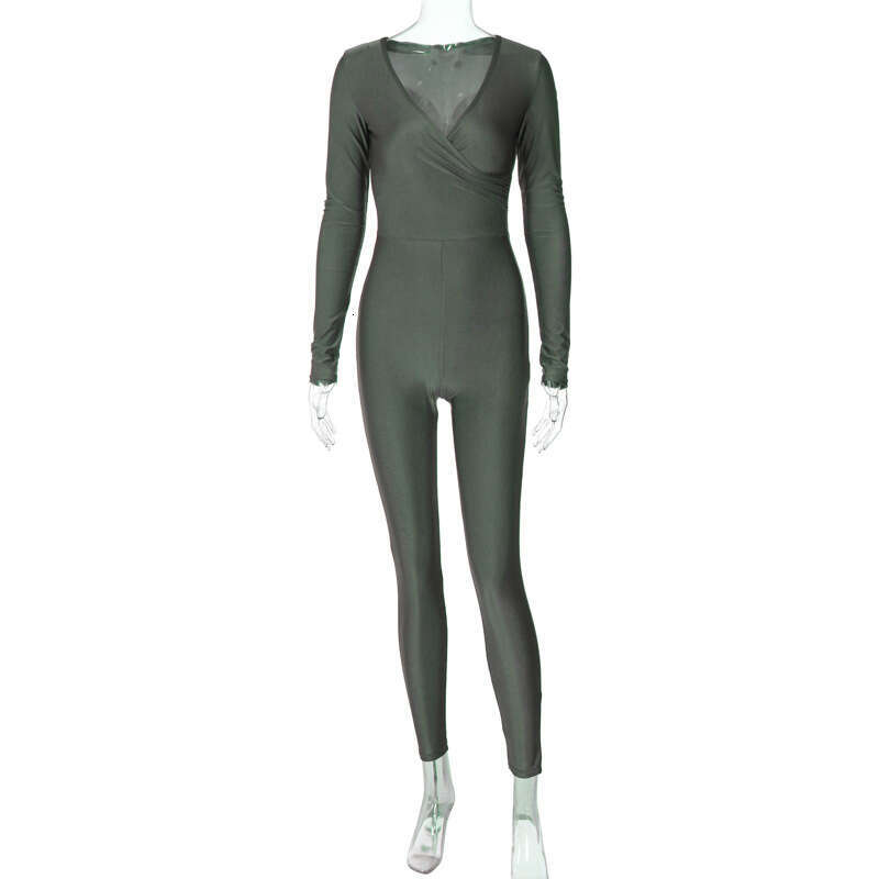 European and American summer street photography solid color slim fit sports yoga long sleeved jumpsuit women's wholesale 2025 new casual fashion 