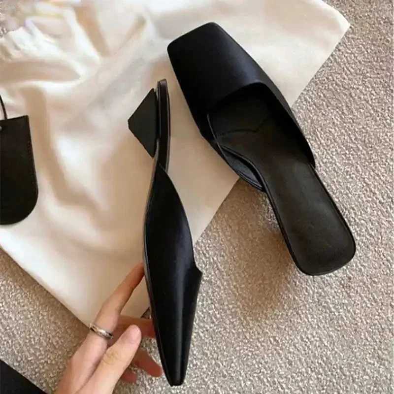 Luxury Satin Sandals Women Summer Sexy Square Head Strange Low Heel Slide Sandals Chunky Heel Elegant Design Mule Slippers Women Y250213